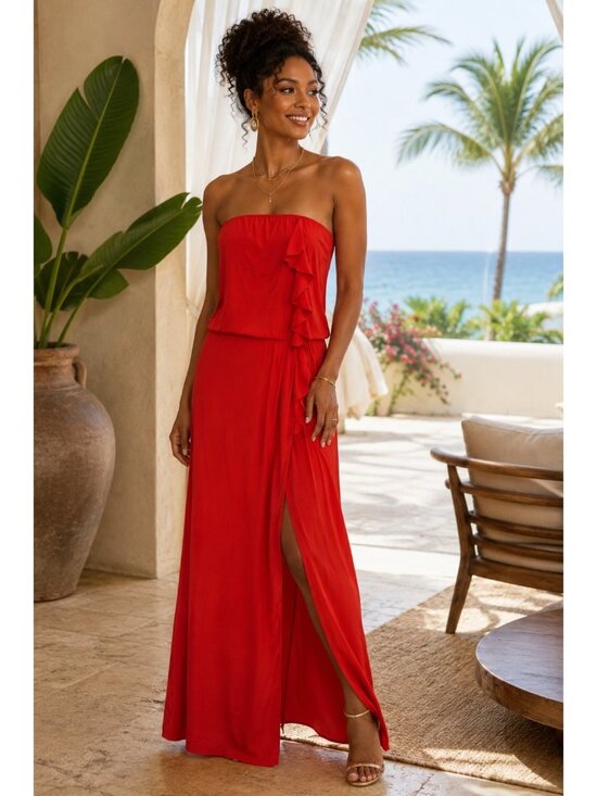 Karina Grimaldi Dresses & Skirts - Karina Grimaldi 100% Silk Strapless Maxi Dress Red Ruffle Side Slit Size M USA